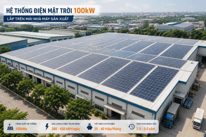Hệ thống điện mặt trời 100kW lắp trên mái nhà máy sản xuất